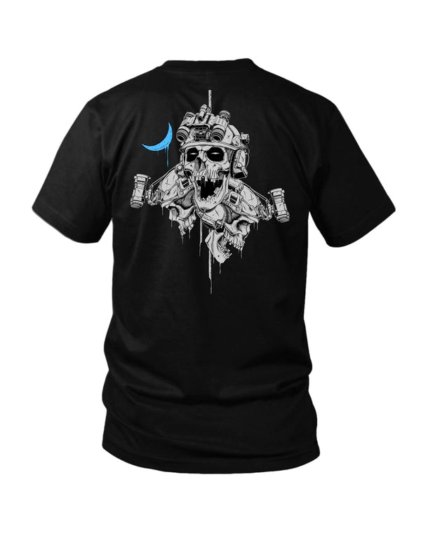 Savage Tacticians Black tee featuring a melting, dripping tactical skull in a night-vision helmet with mouth open, a dripping blue crescent moon beside it.