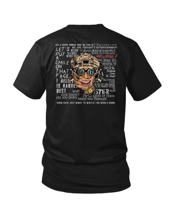 Savage Tacticians Black tee featuring an illustrated tattooed face wearing night-vision goggles surrounded by a collage of Joker movie quotes including "Why So Serious?" and "I'm An Agent Of Chaos."