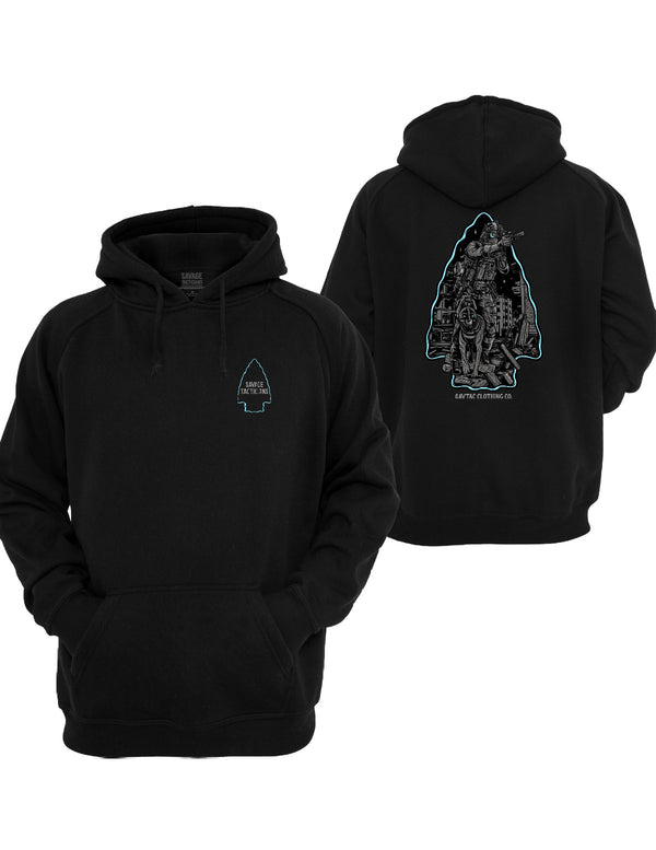 Black Dogs of War Graphic Hoodie by Savage Tacticians. Back print: an arrowhead frame outlined in blue holding a soldier aiming a rifle beside a military working dog in a ruined city; small matching Savage Tacticians logo on the left chest