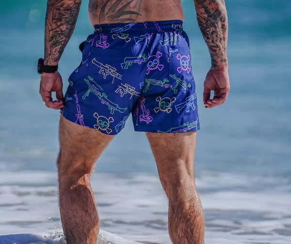 Swim Shorts-Swim Trunks - Neon Lights & Gun Fights - Savage Tacticians