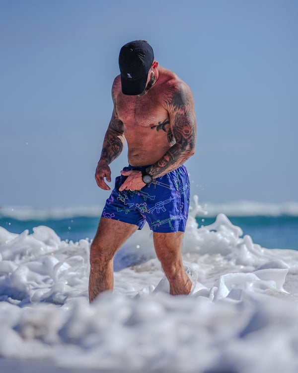 Swim Shorts-Swim Trunks - Neon Lights & Gun Fights - Savage Tacticians