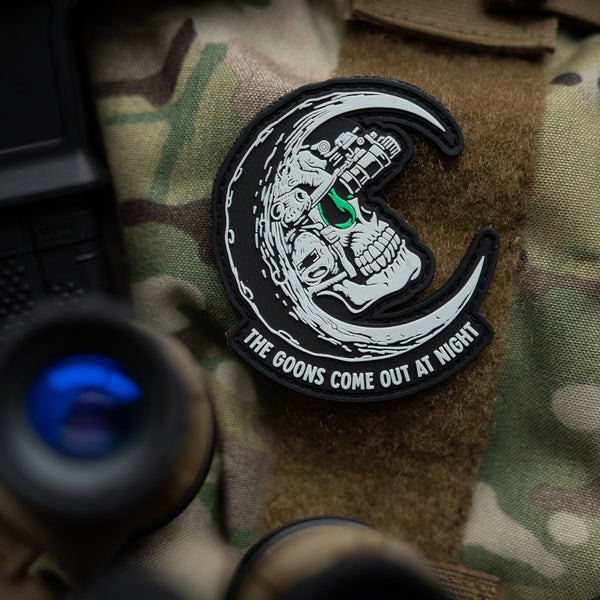 Savage Tacticians moon skull tactical patch with night vision design on camouflage vest