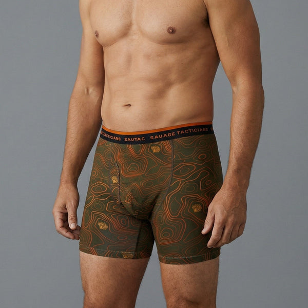 Male model wearing Savage Tacticians green topographic print boxer briefs