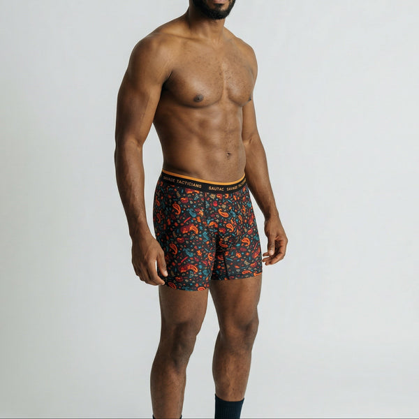 Male model in Savage Tacticians printed boxer briefs with branded waistband