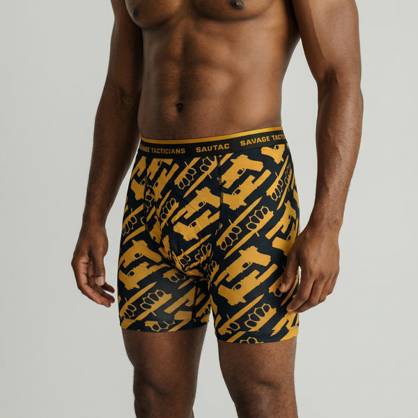 Savage Tacticians men's boxer briefs with gold graphic pattern and branded waistband