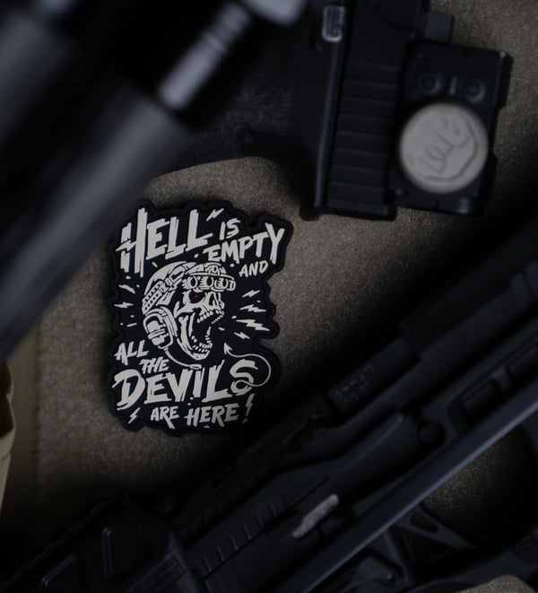 Skull patch with tactical headset and text 'Hell is empty and all the devils are here' by Savage Tacticians