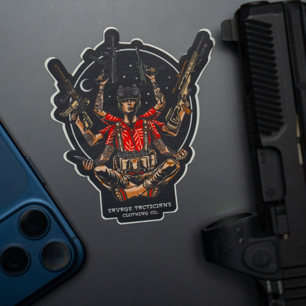 Savage Tacticians sticker featuring a multi-armed soldier in red shirt with guns, phone and firearm nearby.