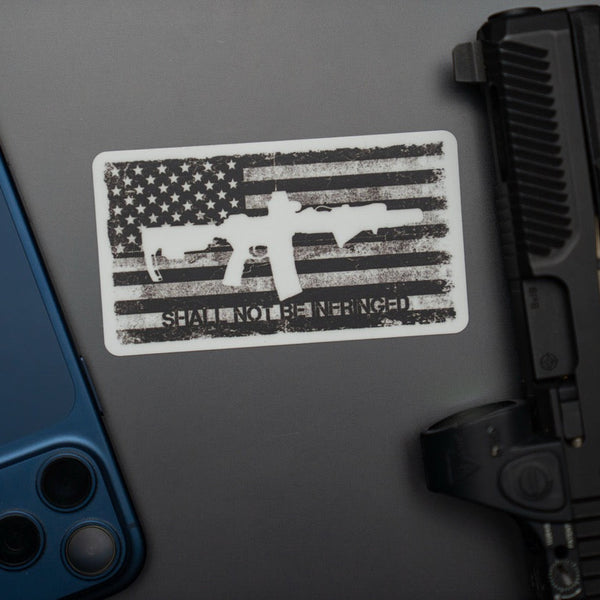 Savage Tacticians sticker with American flag, rifle silhouette, and 'Shall Not Be Infringed' text