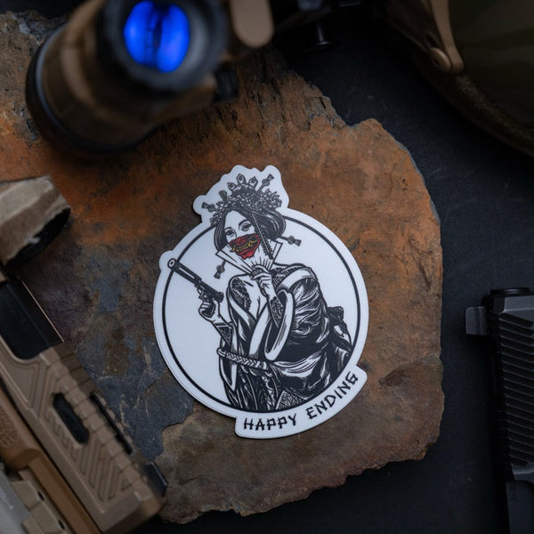 Savage Tacticians Happy Ending sticker with illustrated woman holding handgun, tactical gear background