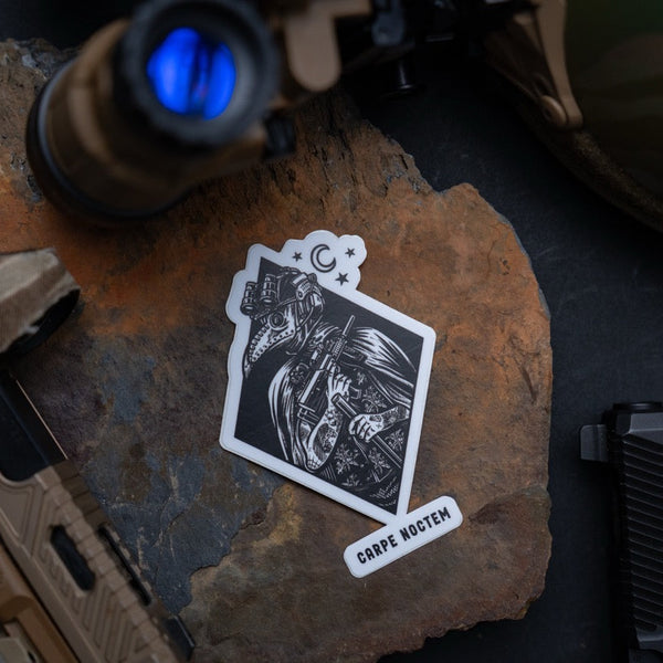 Savage Tacticians Carpe Noctem sticker featuring tactical raptor with night vision gear