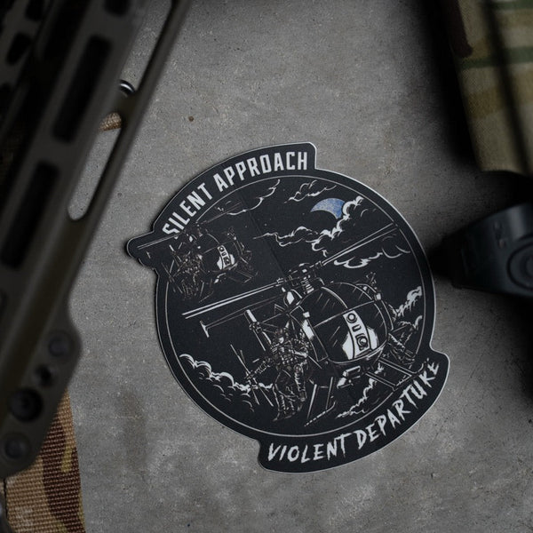 Savage Tacticians sticker with helicopters, tactical soldiers, and 'Silent Approach Violent Departure' text