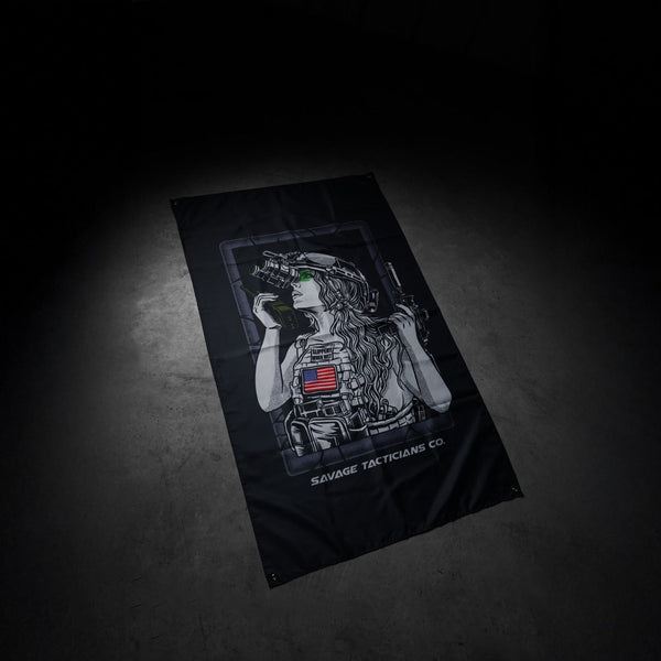 Savage Tacticians flag featuring tactical woman in night vision gear, body armor, and US flag patch