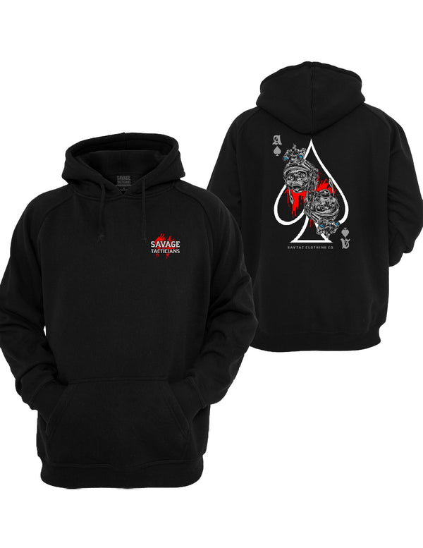 Black Death Dealer Graphic Hoodie by Savage Tacticians. Back print: an ace of spades card with two skulls in night-vision goggles and red blood splatter; small matching Savage Tacticians logo on the left chest