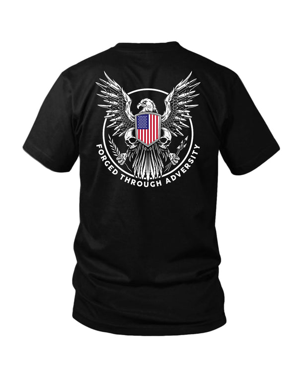 Savage Tacticians Black tee featuring a bald eagle with wings of bullets gripping a shield of the American flag over two skulls, arched text "Forged Through Adversity."