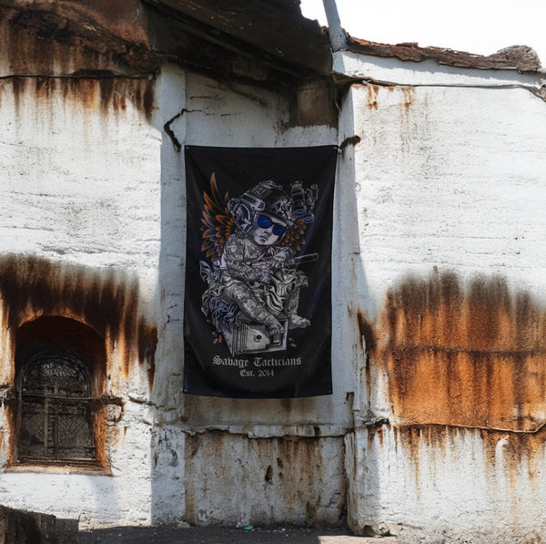Savage Tacticians black flag with tattooed soldier graphic on a weathered, rusted wall