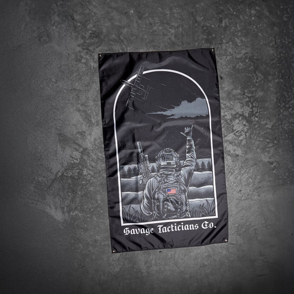Savage Tacticians flag with armed soldier, American flag patch, and night sky design
