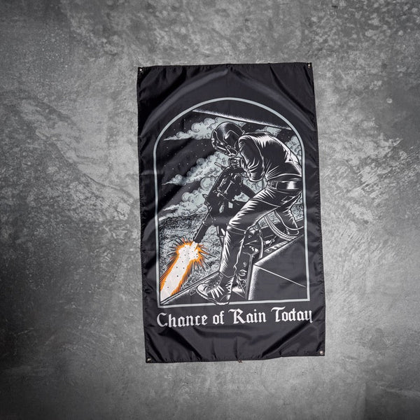 Savage Tacticians flag with helmeted figure firing machine gun, 'Chance of Rain Today' text