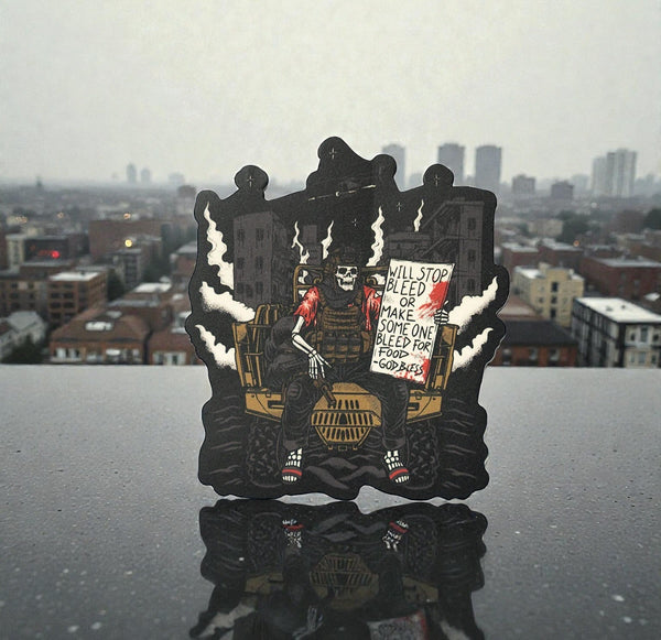 Savage Tacticians sticker featuring a skeleton soldier with medic sign, city background