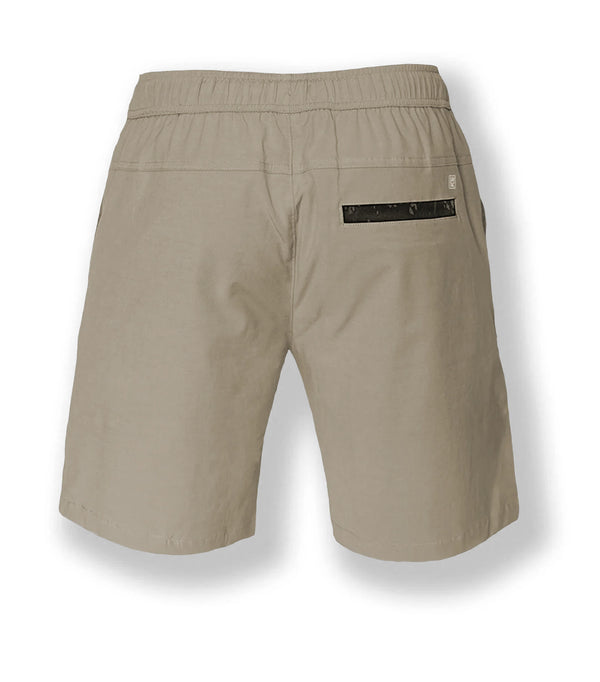 Savage Tacticians tan casual shorts with black back pocket and elastic waistband