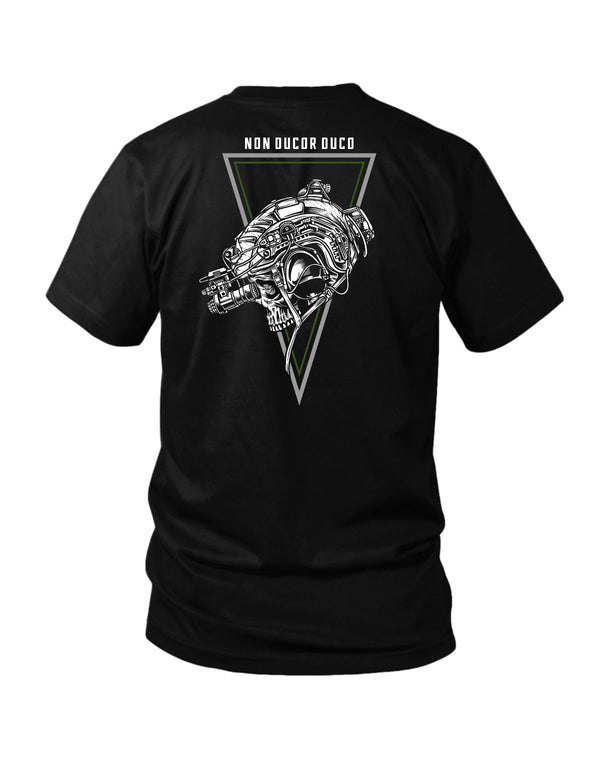 Savage Tacticians Black tee featuring a skull inside a night-vision-goggle tactical helmet within a triangular frame, arched Latin text "Non Ducor Duco" ("I am not led, I lead").