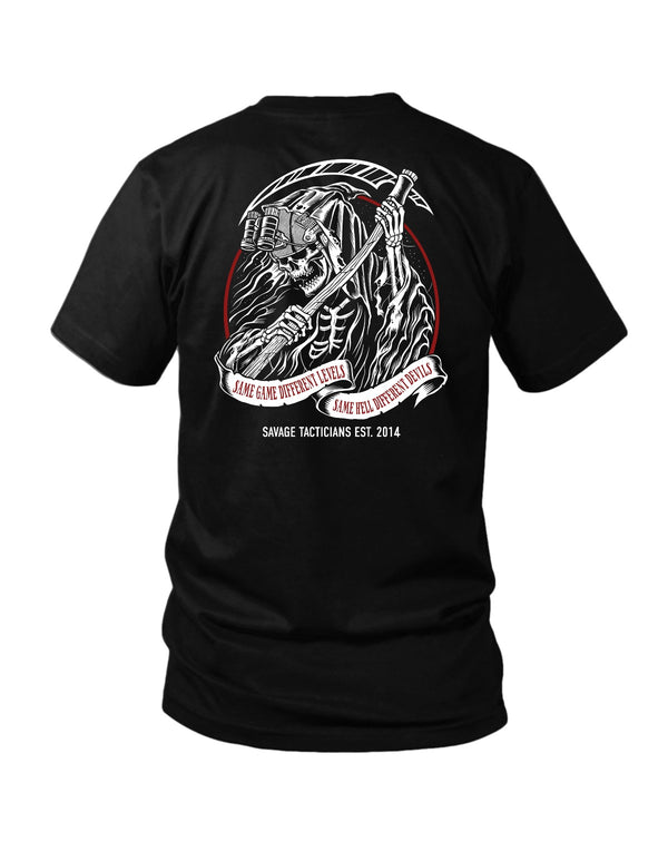 Savage Tacticians Black tee featuring a hooded reaper skeleton in a night-vision helmet holding a scythe, banner text "Same Game Different Levels, Same Hell Different Devils," Savage Tacticians Est. 2014.