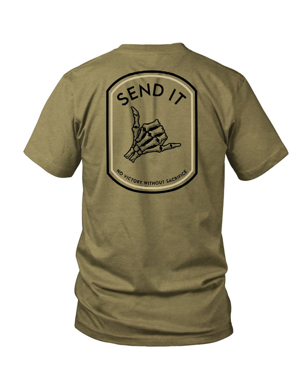 Savage Tacticians Send It tee; military green tactical graphic shirt with large rugged typography.
