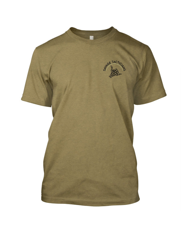 Olive green Savage Tacticians t-shirt with black logo and hand sign graphic on chest