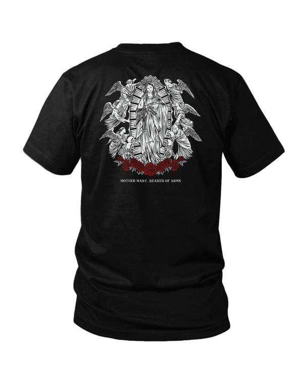 Savage Tacticians Black tee featuring a Madonna-style illustration of Mary holding an AR-15 rifle and rosary, surrounded by six angels, skeletal figures, and roses, text "Mother Mary, Bearer Of Arms."