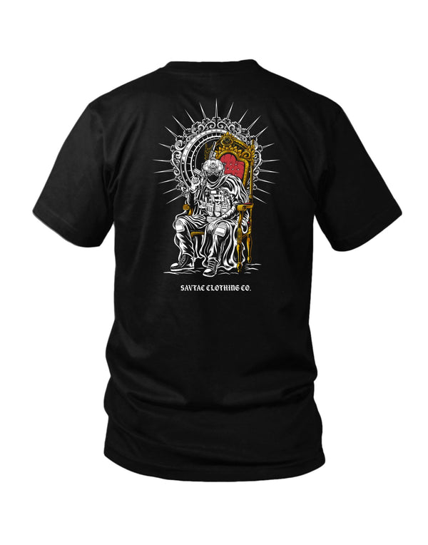 Savage Tacticians Black tee featuring a hooded tactical figure seated on an ornate gold throne with a spiked sunburst backrest, holding a pistol, text "SavTac Clothing Co."
