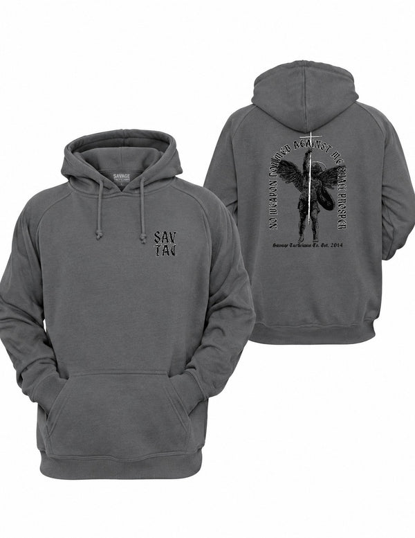 Storm gray No Weapon Graphic Hoodie by Savage Tacticians. Back print: a winged angel with a cross and shield inside No Weapon Formed Against Me Shall Prosper arched in black; small matching Savage Tacticians logo on the left chest
