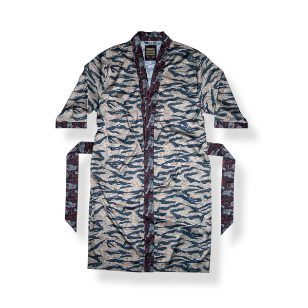 Savage Tacticians camo print robe with belt, tiger stripe pattern, brand label visible