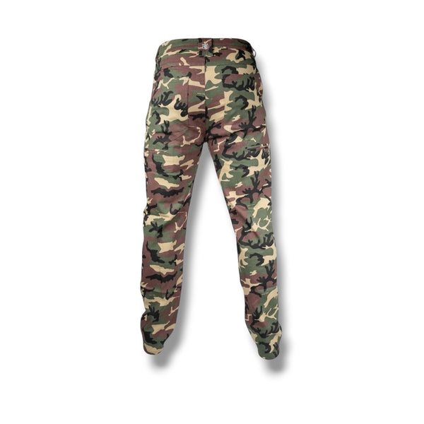 Savage Tacticians camouflage tactical pants, back view, military style apparel
