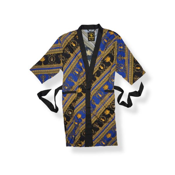 Savage Tacticians blue and black patterned robe with gold baroque details and black trim