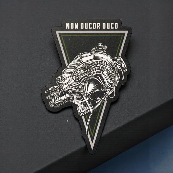 Savage Tacticians patch showing a cybernetic skull with night vision goggles and 'Non Ducor Duco' text.