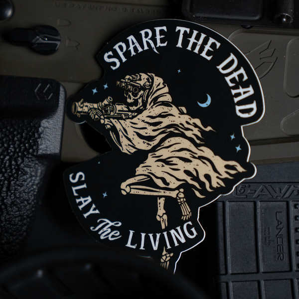Savage Tacticians sticker with skeleton sniper, cloak, and 'Spare the Dead Slay the Living' text