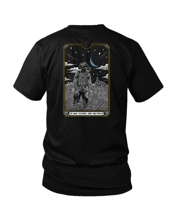 Savage Tacticians Black tee featuring a tarot-card-framed illustration of a tattooed tactical operator walking through tall grass at night past a country church, crescent moon and stars, text "The Same Yesterday, Today And Forever."