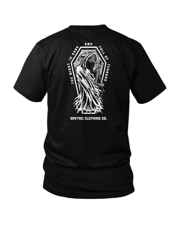 Savage Tacticians Black tee featuring a hooded reaper-like figure with glowing night-vision eyes holding a rifle inside a coffin-shaped frame, text "The Night Is Dark And Full Of Terrors," "SavTac Clothing Co." below.