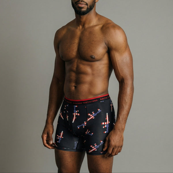 Male model wearing Savage Tacticians boxer briefs with American flag design
