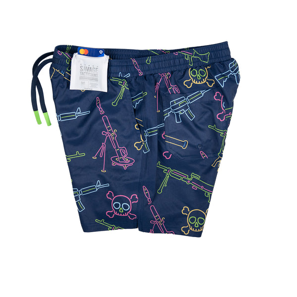 Swim Shorts-Swim Trunks - Neon Lights & Gun Fights - Savage Tacticians
