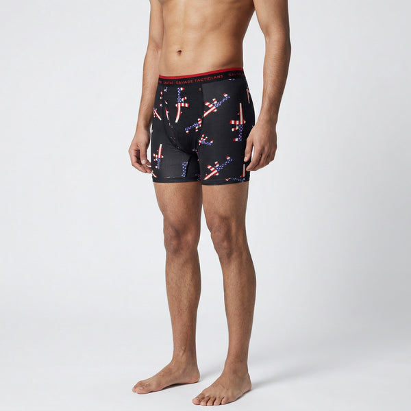 Male model wearing Savage Tacticians black boxer briefs with patriotic airplane print
