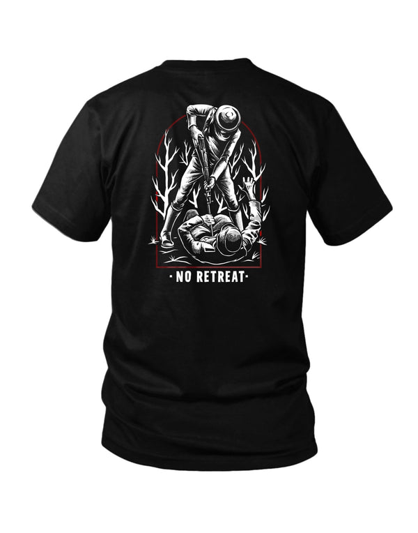 Savage Tacticians Black tee featuring a skeleton in a Hawaiian shirt and tactical gear seated on a military Jeep in a smoky city street at night, holding a cardboard sign reading "Will Stop Bleed Or Make Someone Bleed For Food - God Bless."