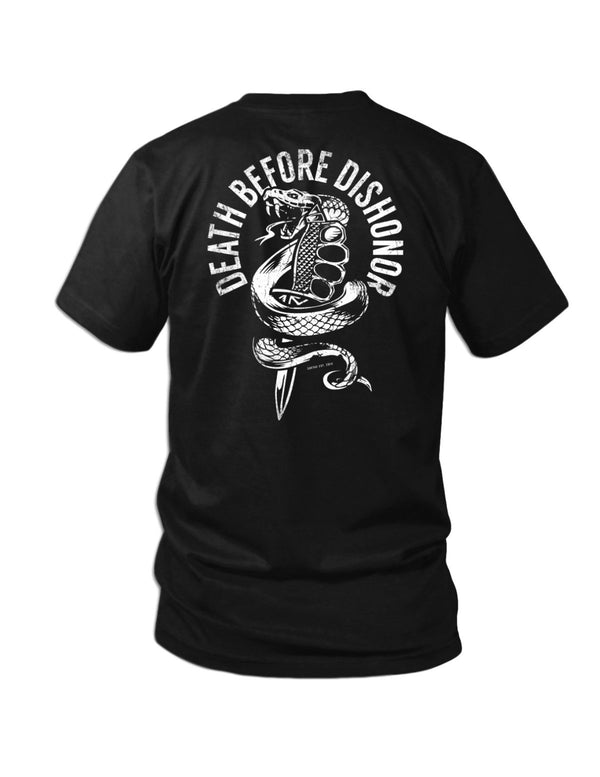 Savage Tacticians Black tee featuring a coiled cobra wrapped around a set of brass knuckles and a knife on the back, arched text "Death Before Dishonor."