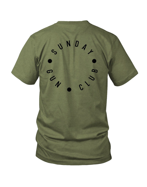 Savage Tacticians Green tee featuring minimalist circular text design reading "Sunday Gun Club," no additional graphic.