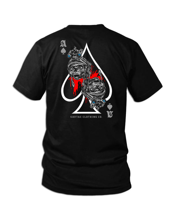Operator-style Death Dealer graphic tee with Ace of spades and two skulls with NOD's by Savage Tacticians, premium black tactical streetwear. 