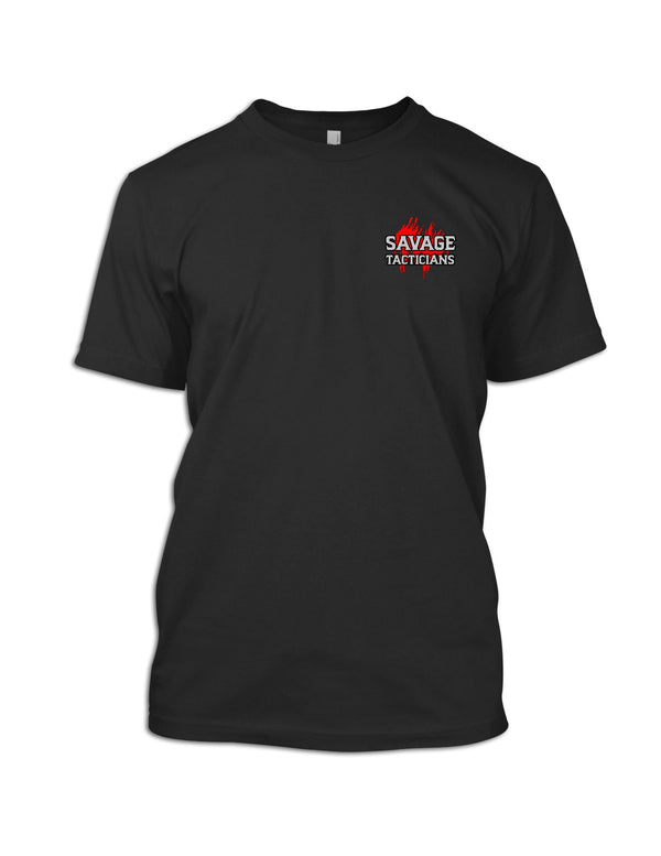Black t-shirt with 'Savage Tactics' logo on a white background