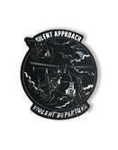 Savage Tacticians sticker featuring tactical helicopter at night with 'Silent Approach Violent Departure' text.
