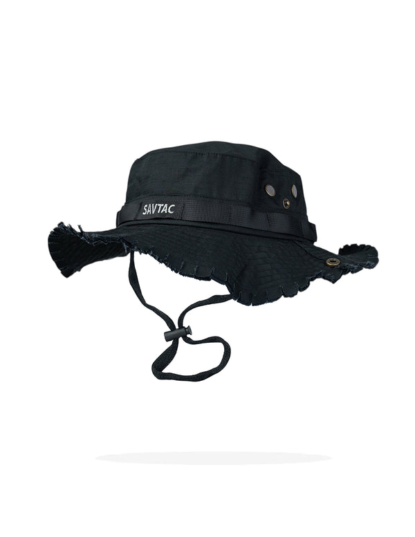 Black boonie hat with frayed edge, chin strap, and Savage Tacticians SAVTAC logo