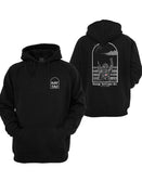 Black CAS Graphic Hoodie by Savage Tacticians. Back print: a soldier in night-vision goggles with an American flag patch throwing the Shaka to an A-10 jet overhead presumed to have just provided Close Air Support inside an arched frame, Savage Tacticians Co. below; small matching Savage Tacticians logo on the left chest