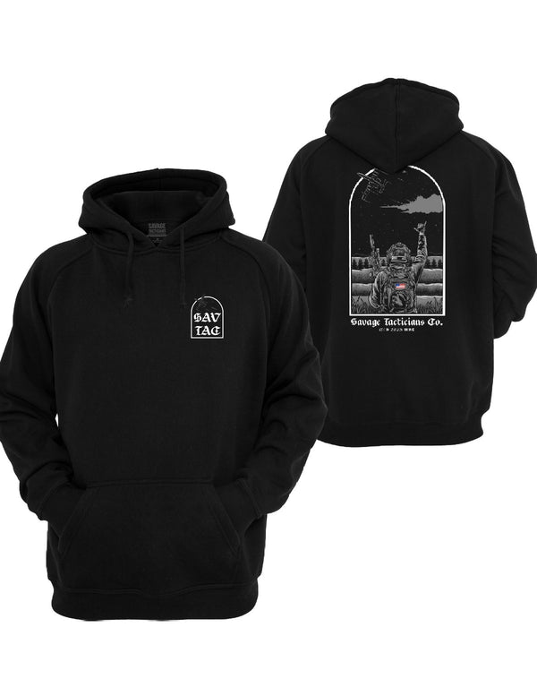 Black CAS Graphic Hoodie by Savage Tacticians. Back print: a soldier in night-vision goggles with an American flag patch throwing the Shaka to an A-10 jet overhead presumed to have just provided Close Air Support inside an arched frame, Savage Tacticians Co. below; small matching Savage Tacticians logo on the left chest