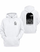 White CAS Graphic Hoodie by Savage Tacticians. Back print: a soldier in night-vision goggles with an American flag patch throwing the Shaka to an A-10 jet overhead presumed to have just provided Close Air Support inside an arched frame, Savage Tacticians Co. below; small matching Savage Tacticians logo on the left chest
